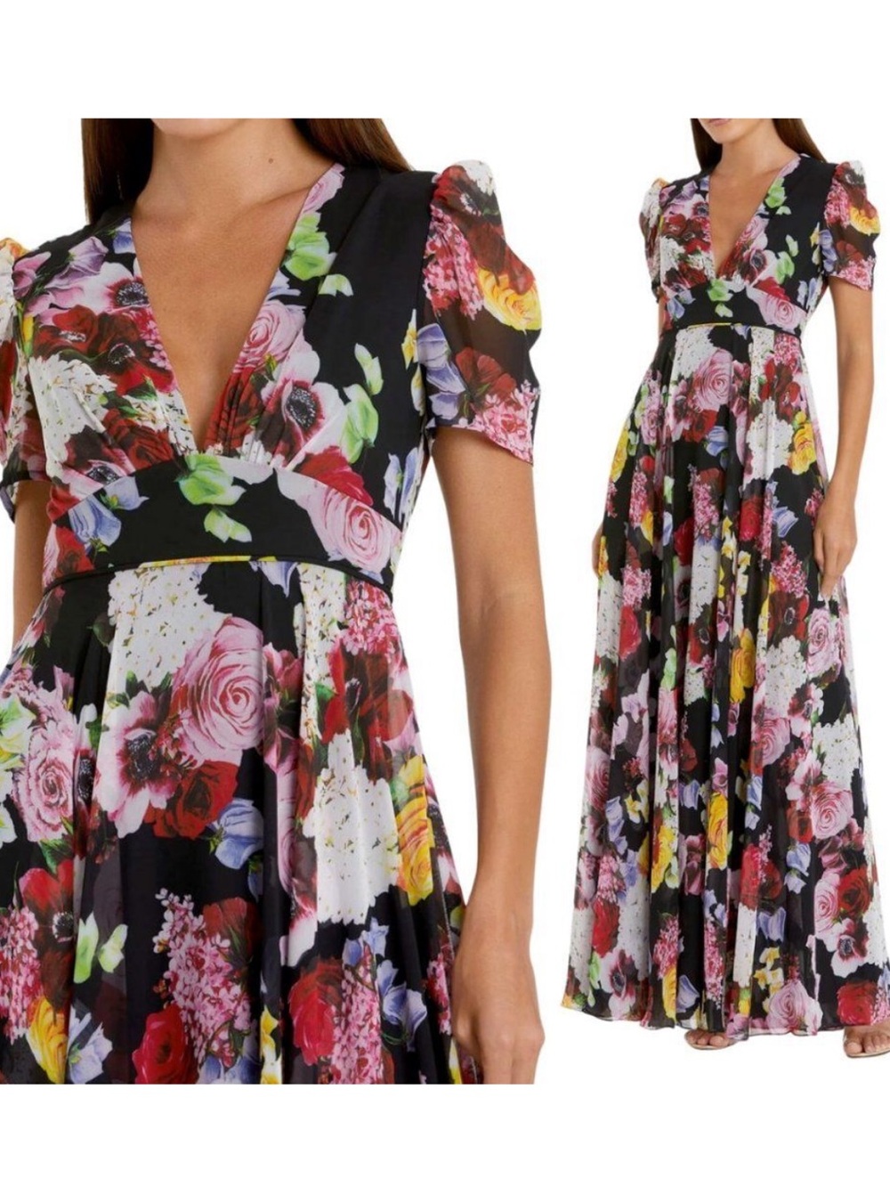 Mac Duggal Black Floral V‑Neck Maxi Dress